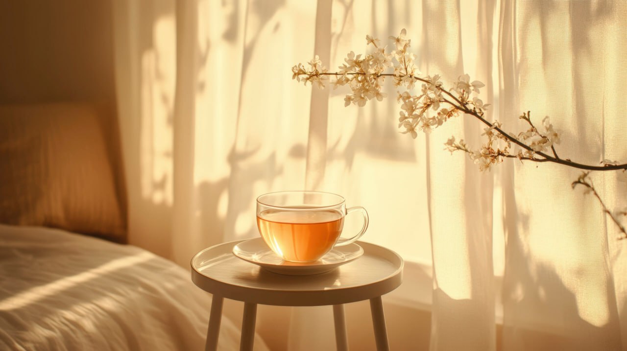 Thythronvorei: lugn yta med kopp, varmt ljus och mjukt fokus efter arbetstid